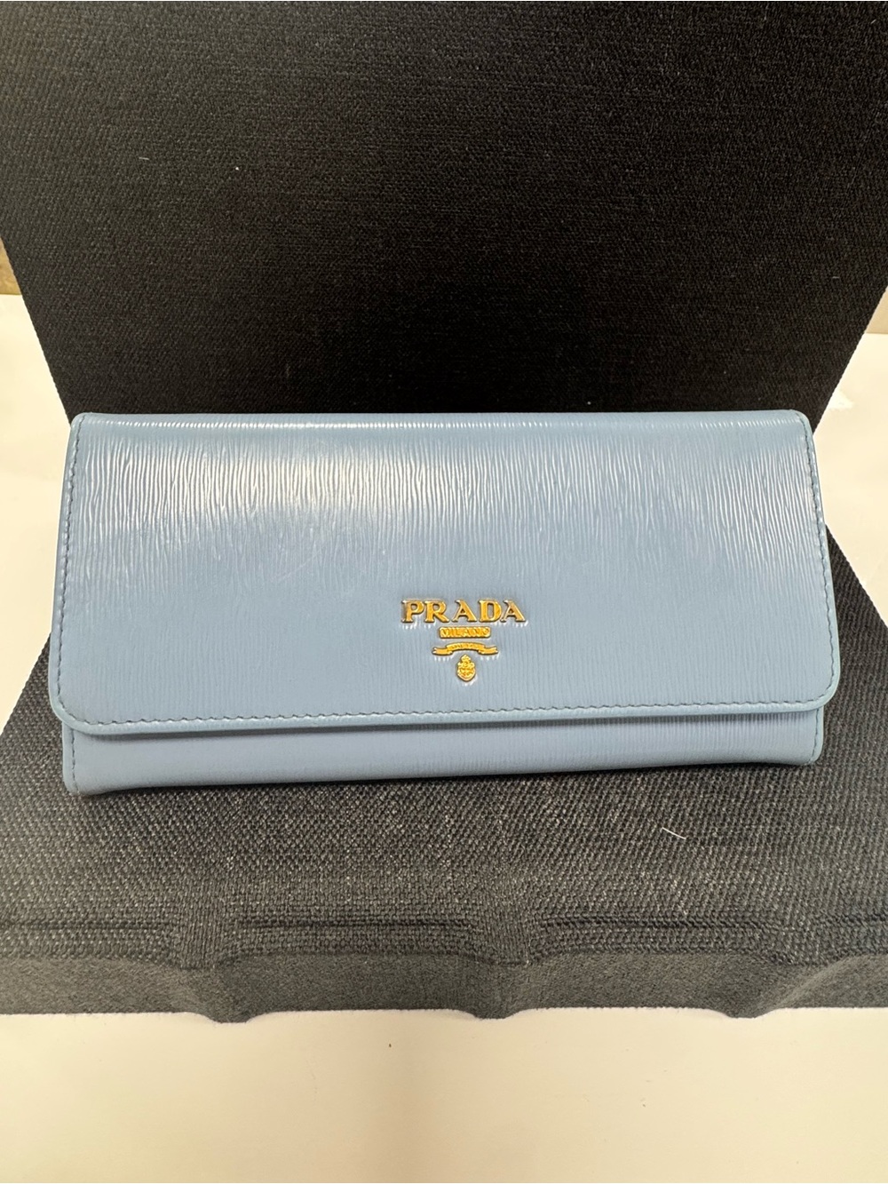 Prada Powder Blue Saffiano Leather Continental Wallet with Gold Logo